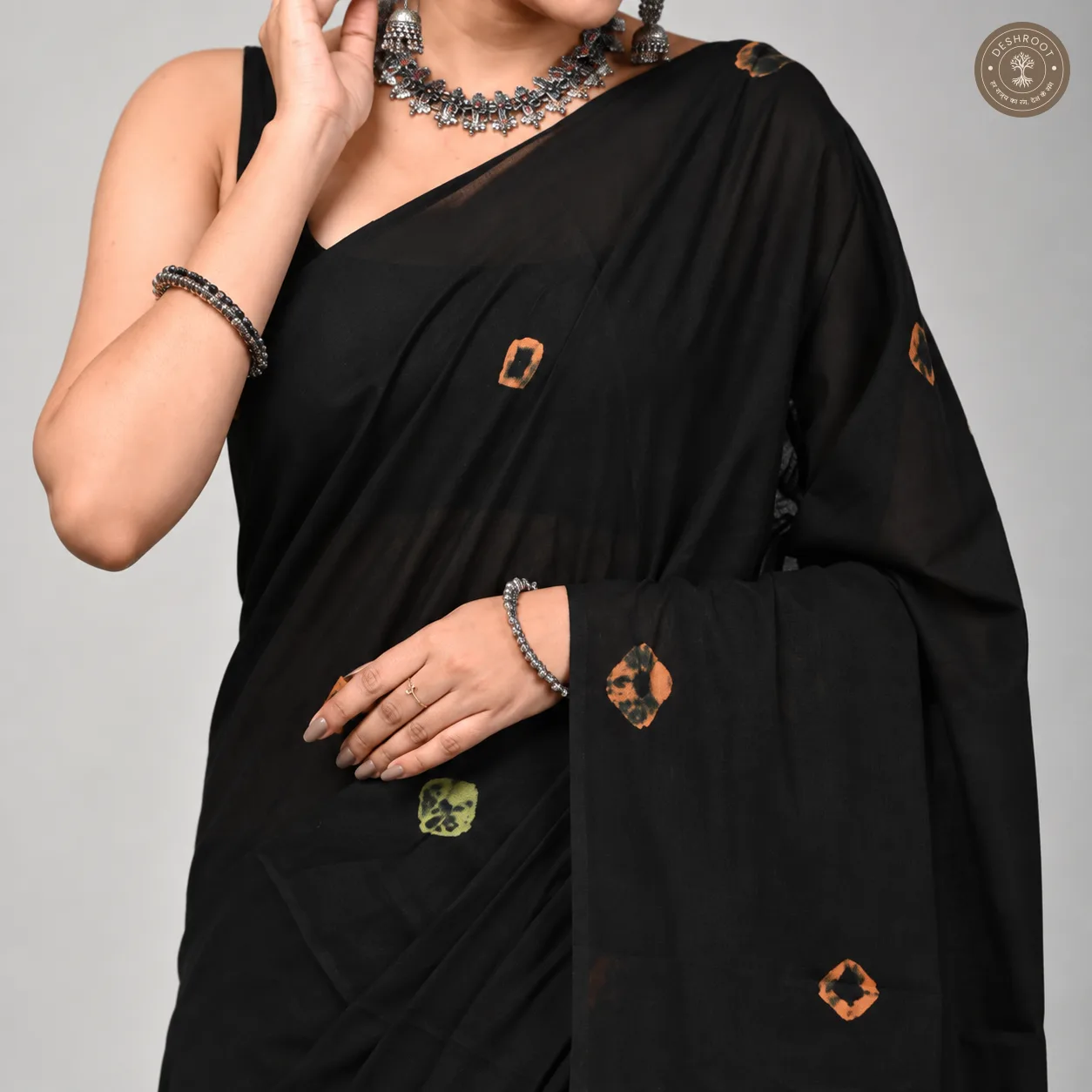 Black Hand Block Printed Mal Cotton Saree with 1 Meter Blouse
