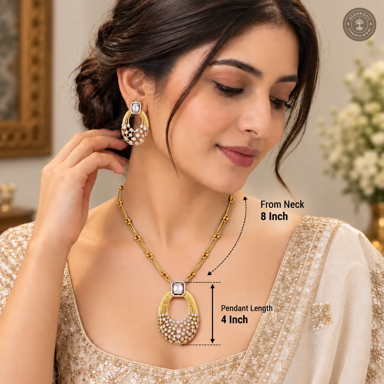 Two-Tone AD Diamond Pendant Necklace & Earrings Set | Statement Jewellery