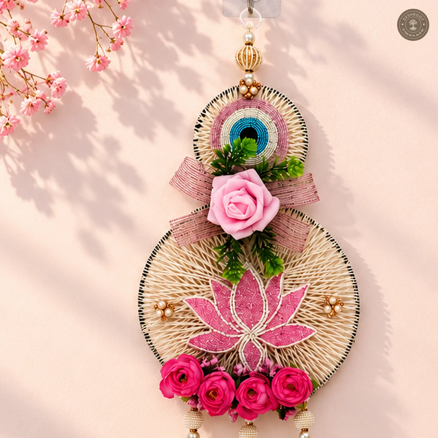 Elegant Evil Eye and Pink Lotus Wall Hanging