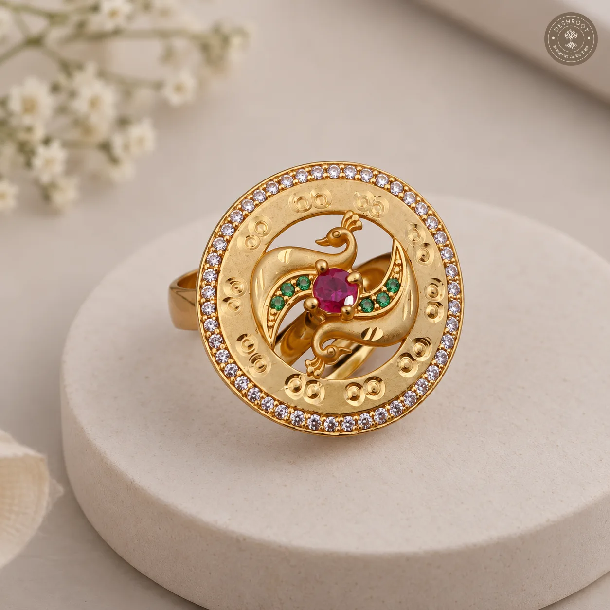 Golden Peacock Designer Adjustable Ring with Stone Work