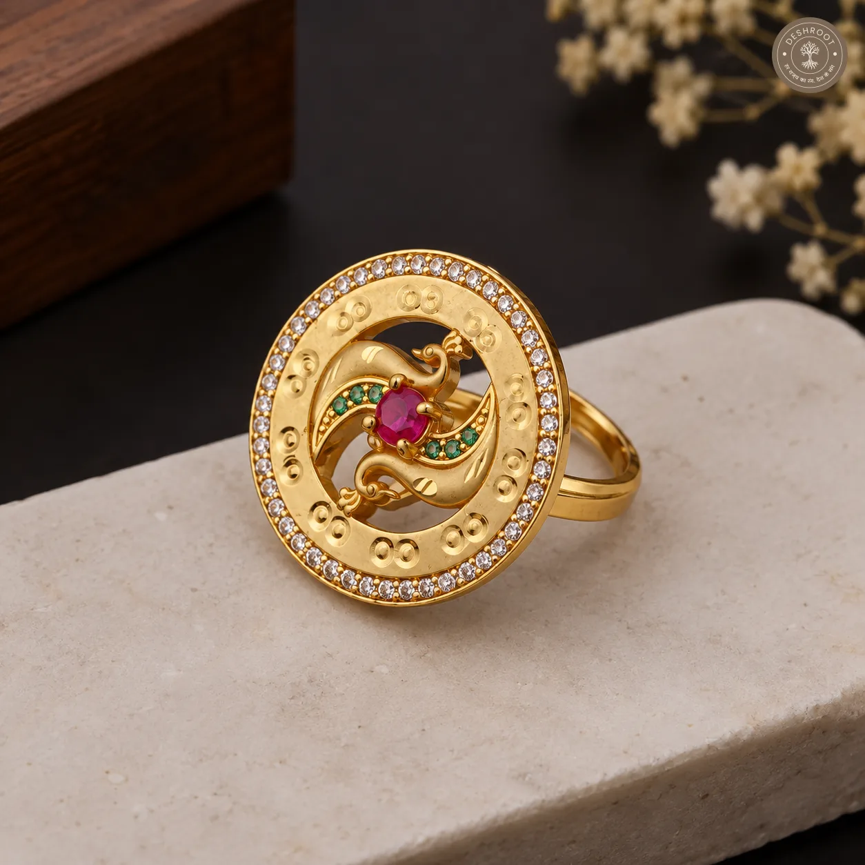 Golden Peacock Designer Adjustable Ring with Stone Work