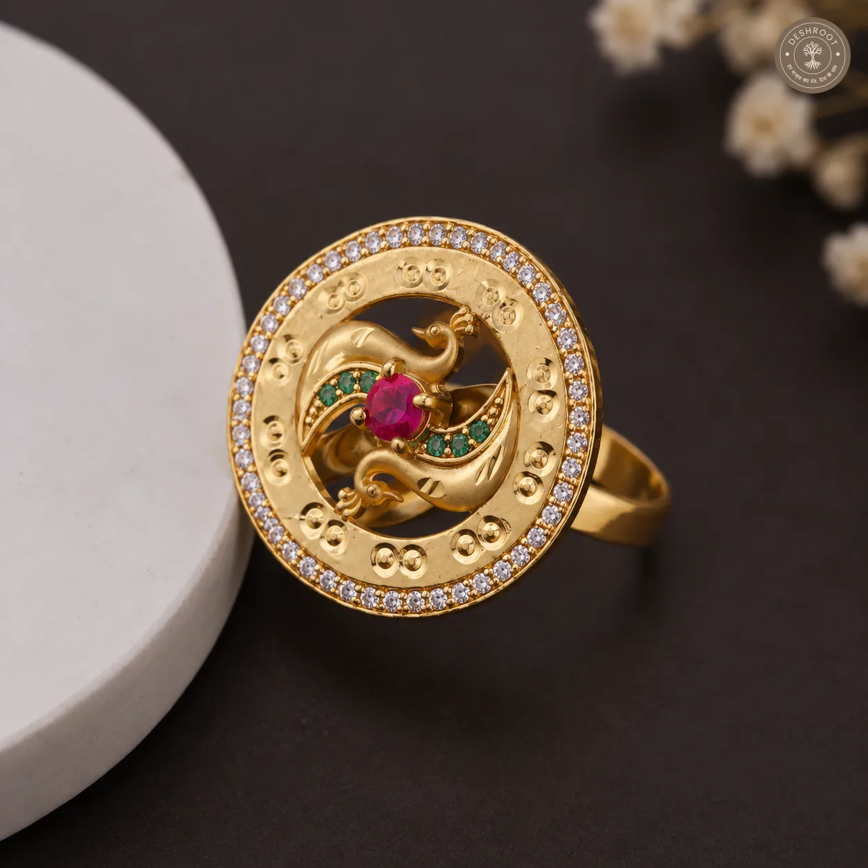 Golden Peacock Designer Adjustable Ring with Stone Work