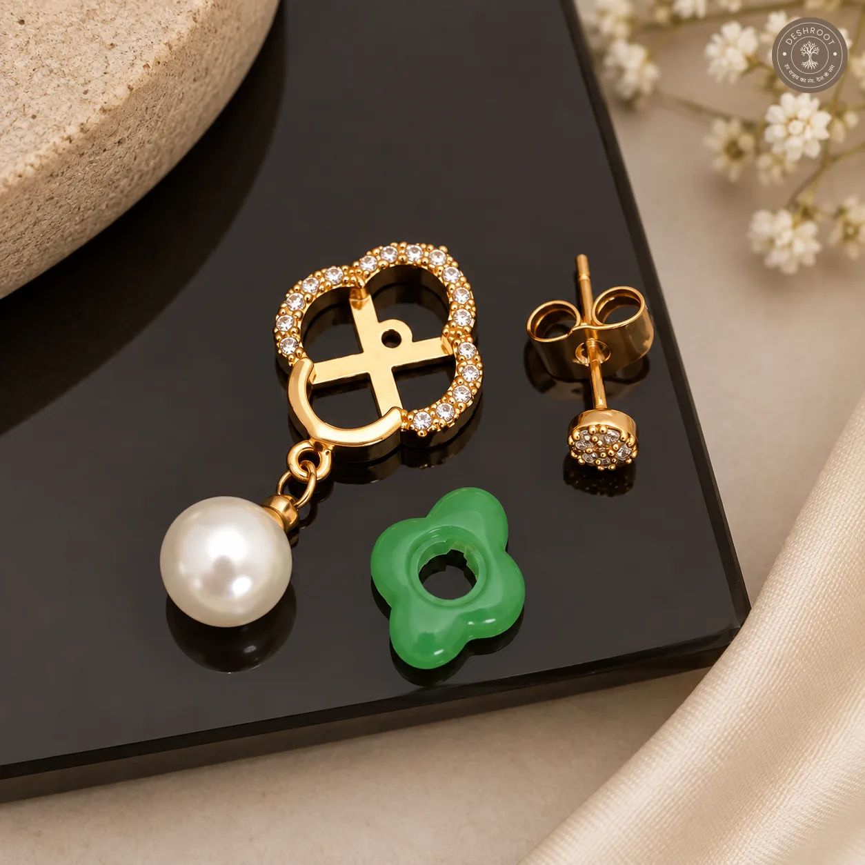 Gold-Tone Designer Drop Earrings with Interchangeable Colour Buttis