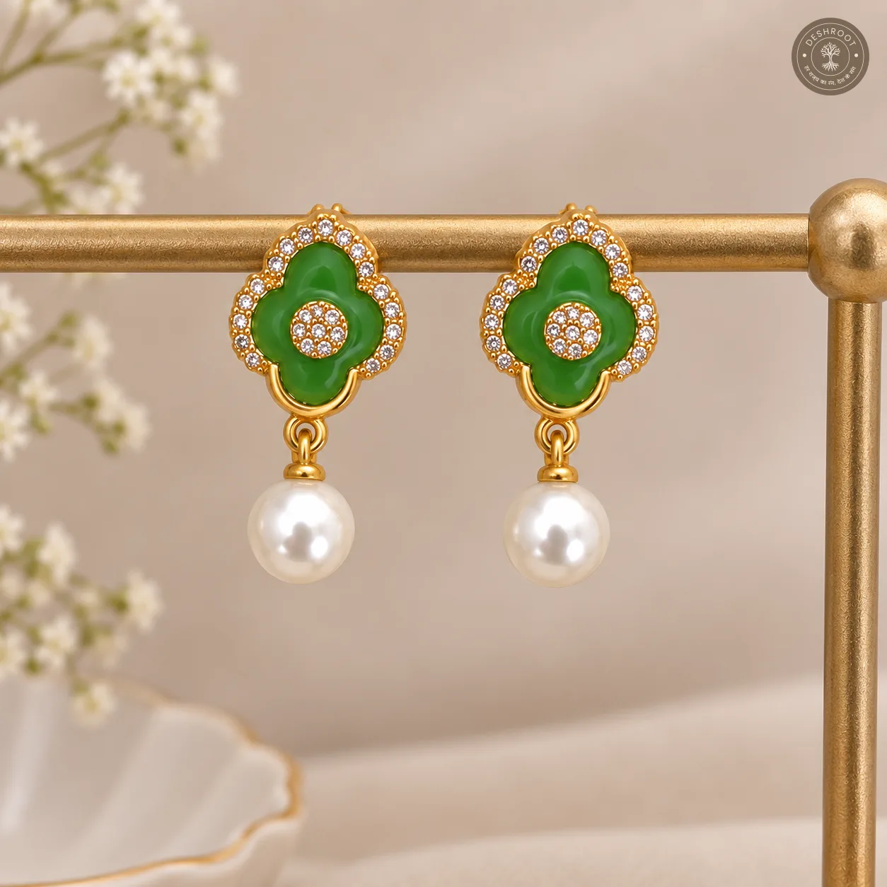 Gold-Tone Designer Drop Earrings with Interchangeable Colour Buttis