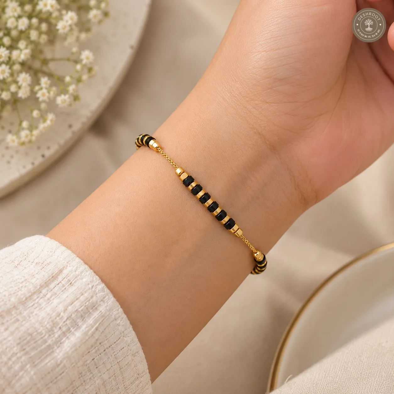 Black Beaded Brass Micro Polish Designer Bracelet with Adjustable Chain