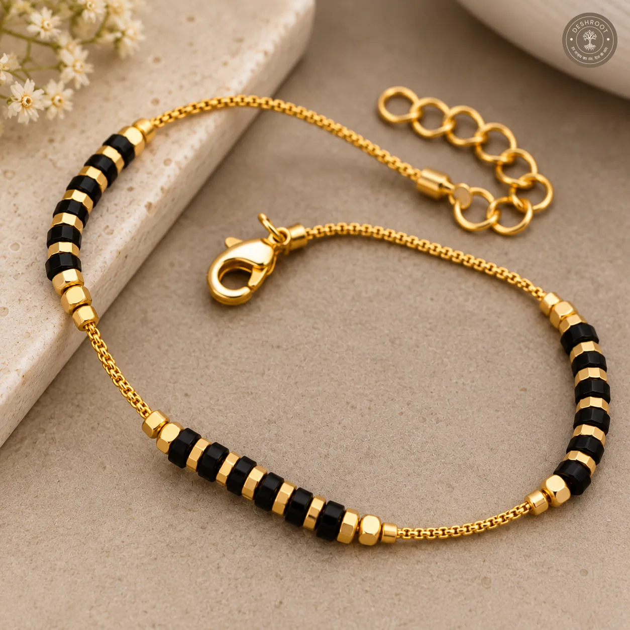 Black Beaded Brass Micro Polish Designer Bracelet with Adjustable Chain