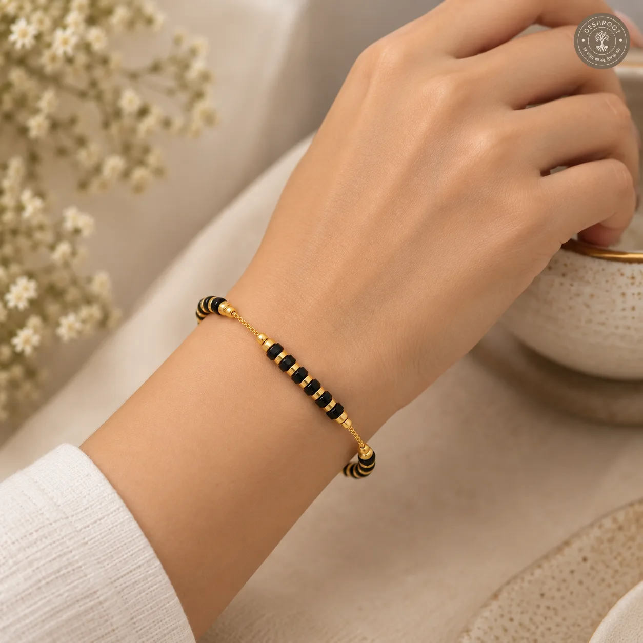 Black Beaded Brass Micro Polish Designer Bracelet with Adjustable Chain