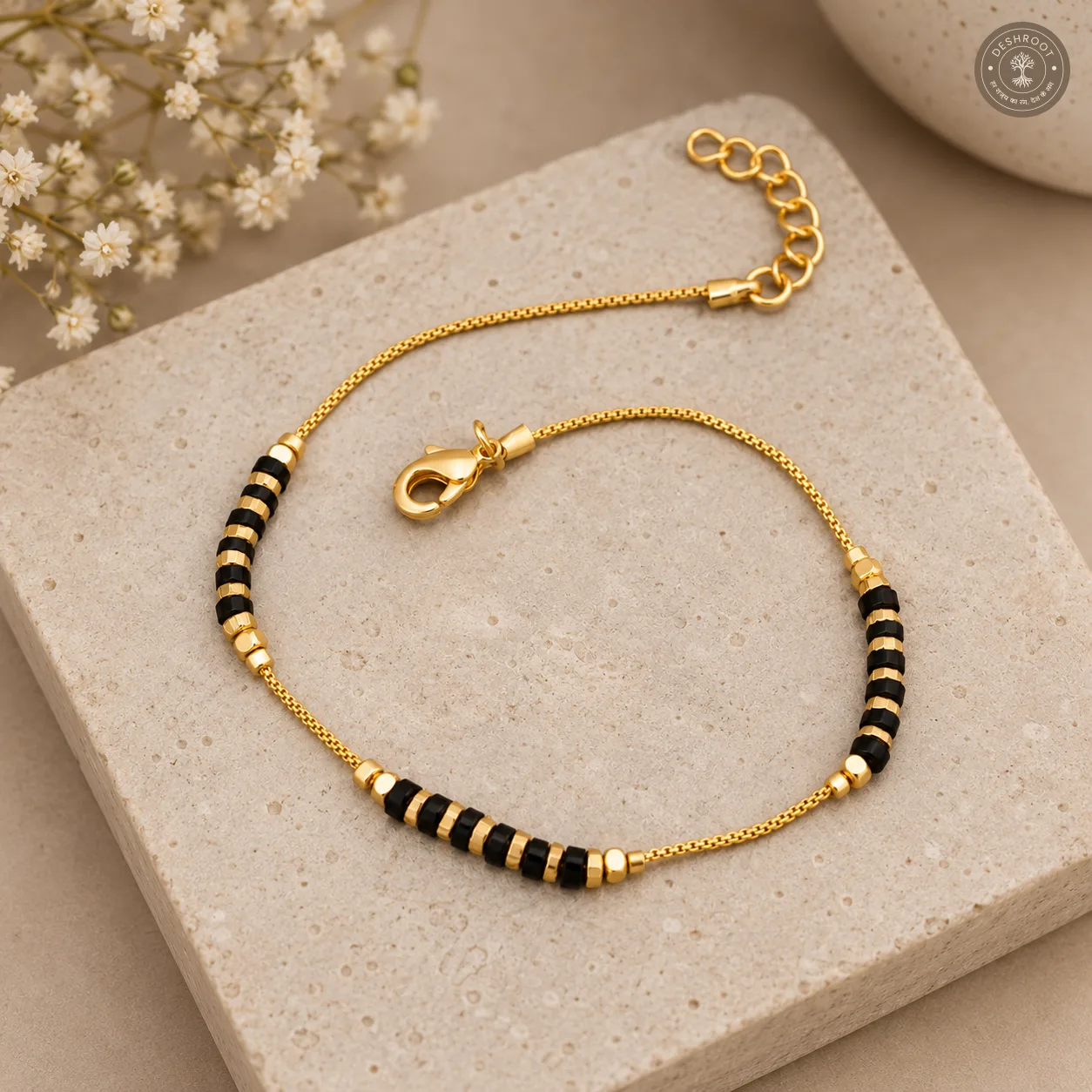 Black Beaded Brass Micro Polish Designer Bracelet with Adjustable Chain