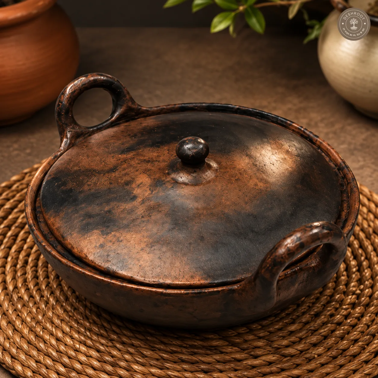 Handcrafted Terracotta Handi with Lid – 12 Inch Rustic Earthenware Cooking & Serving Pot with Loop Handles for Traditional Indian Kitchen & Dining