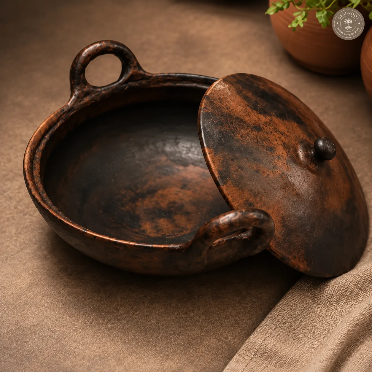 Handcrafted Terracotta Handi with Lid – 12 Inch Rustic Earthenware Cooking & Serving Pot with Loop Handles for Traditional Indian Kitchen & Dining
