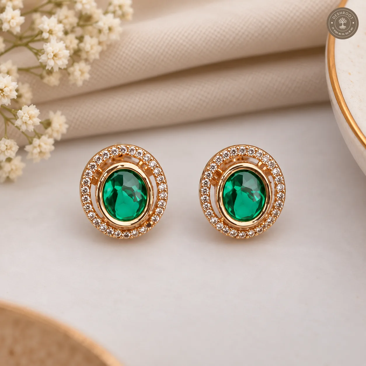 Rose Gold Kundan Pendant & Stud Earrings Set with Green Stone