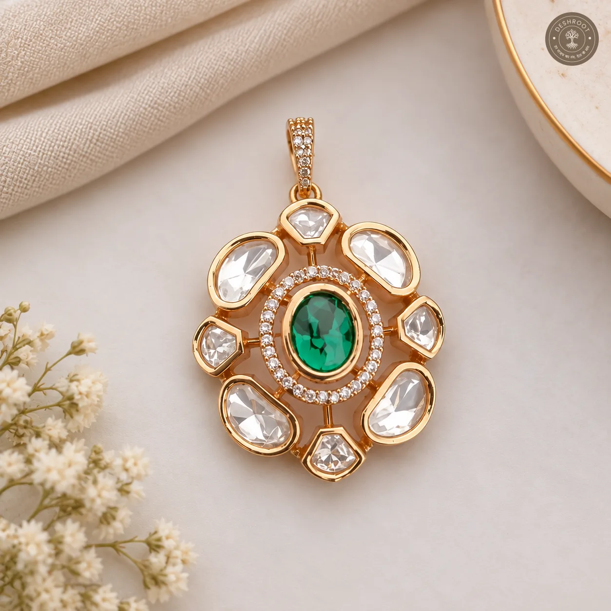 Rose Gold Kundan Pendant & Stud Earrings Set with Green Stone