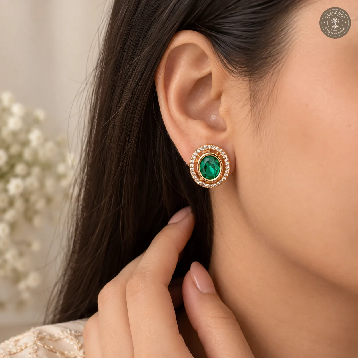 Rose Gold Kundan Pendant & Stud Earrings Set with Green Stone