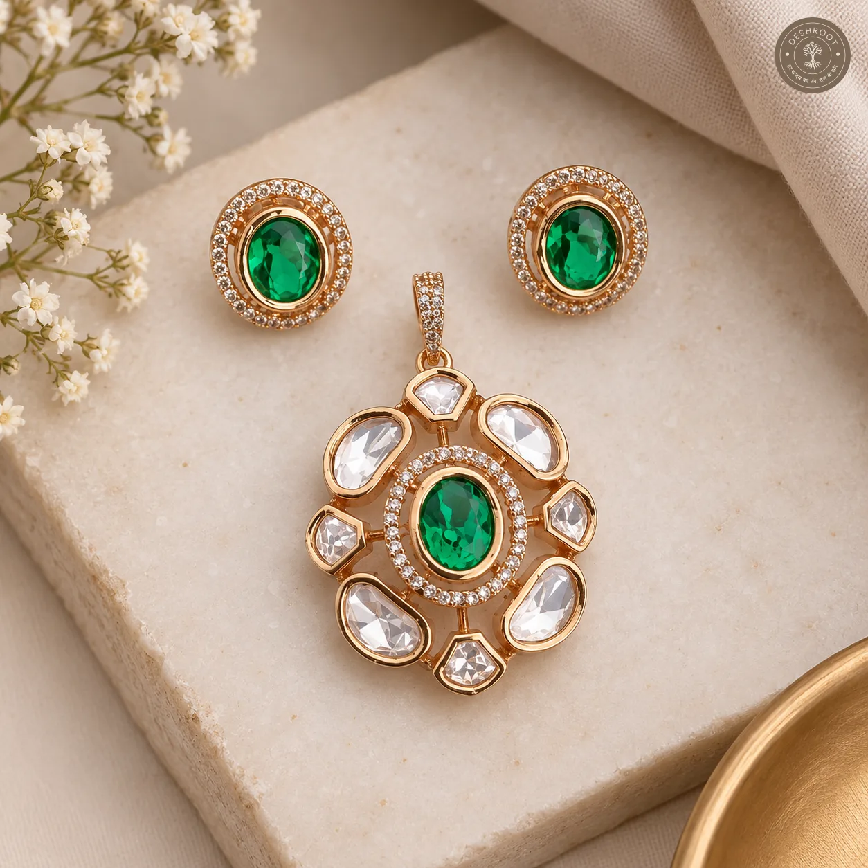 Rose Gold Kundan Pendant & Stud Earrings Set with Green Stone
