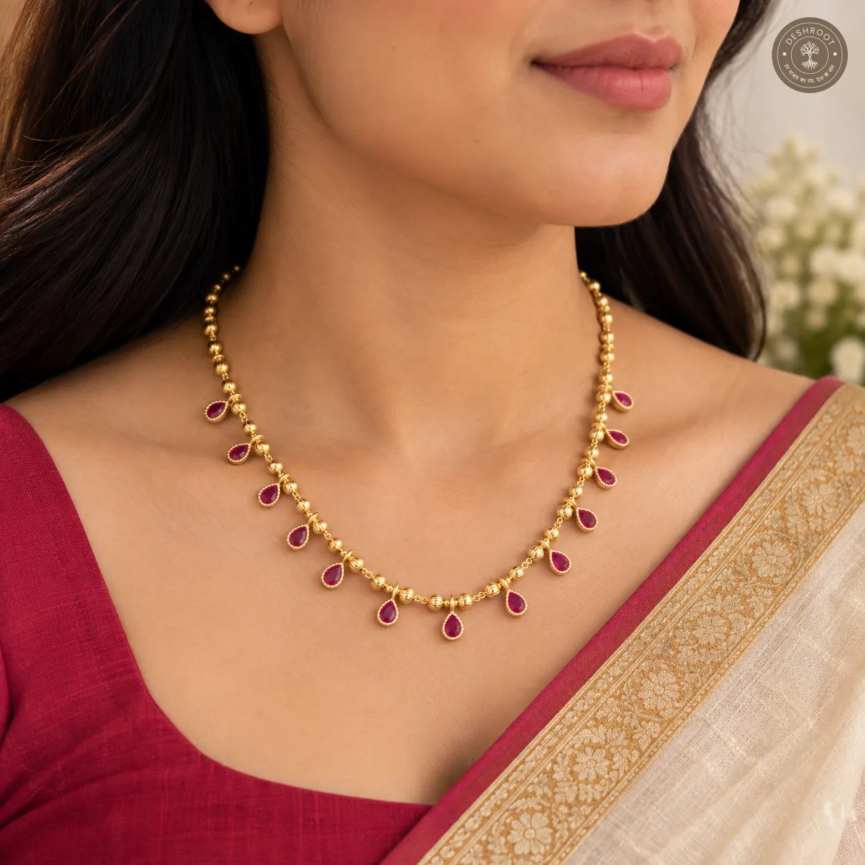 Gold Tone Ruby Drop Designer Necklace - Elegant Traditional Jewellery for Women