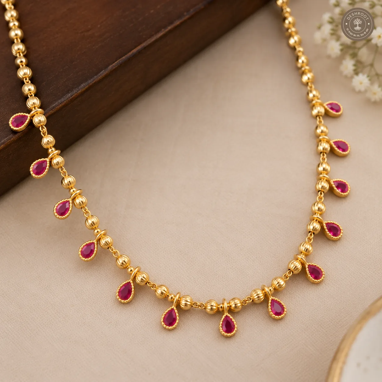 Gold Tone Ruby Drop Designer Necklace - Elegant Traditional Jewellery for Women