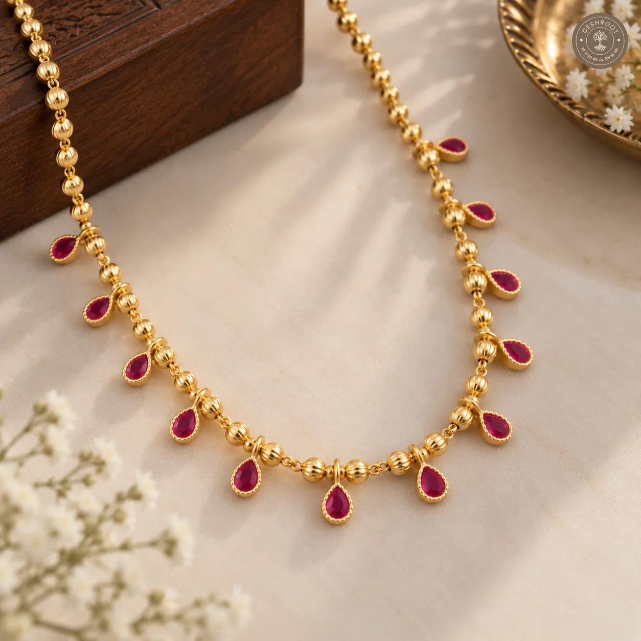 Gold Tone Ruby Drop Designer Necklace - Elegant Traditional Jewellery for Women