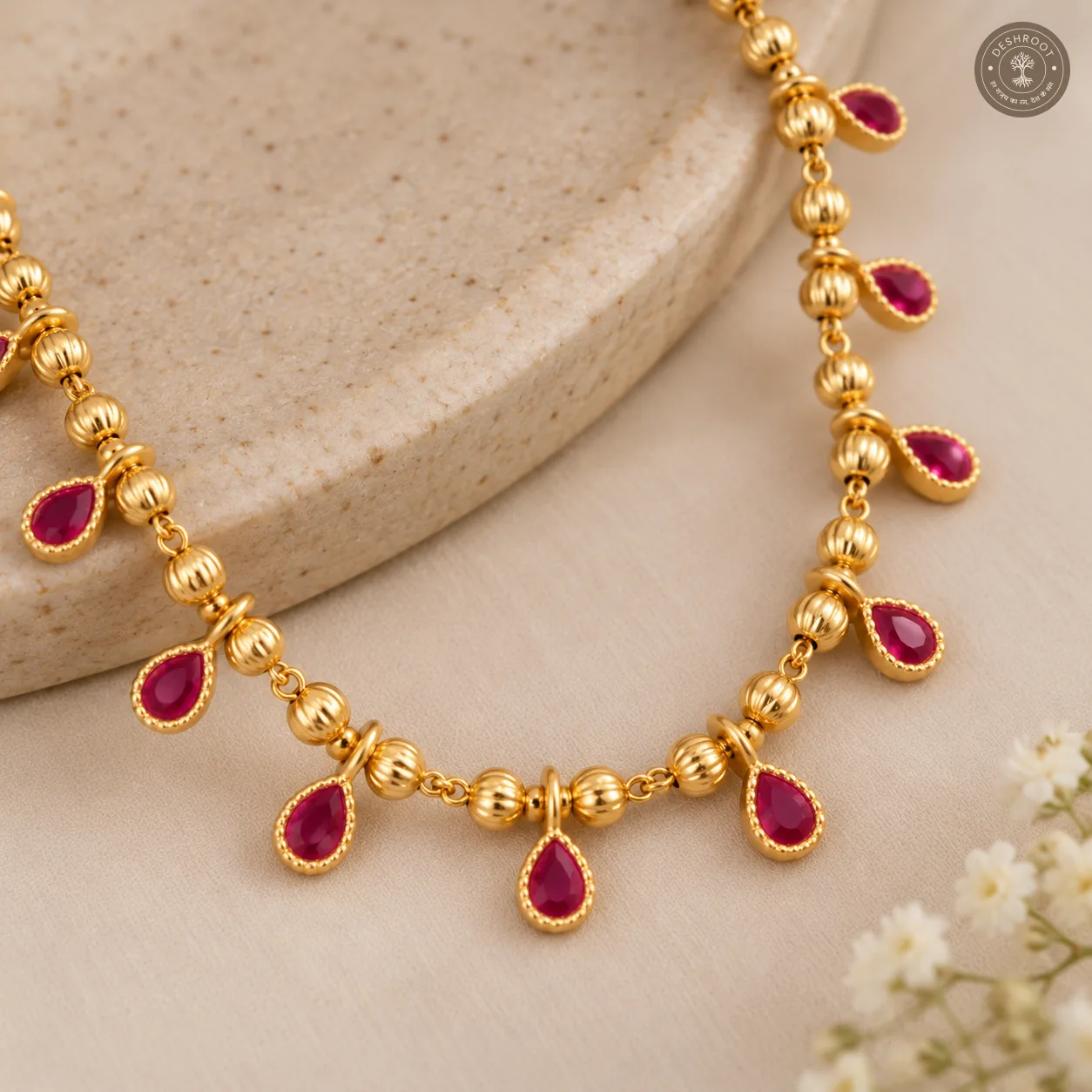 Gold Tone Ruby Drop Designer Necklace - Elegant Traditional Jewellery for Women