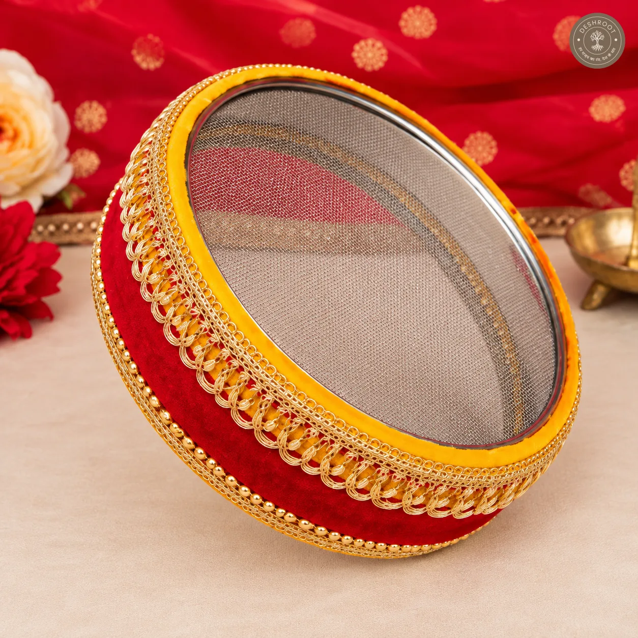 Karwa Chauth Thali Set – Red & Yellow Velvet-Finish Pooja Thali with Decorated Karwa, Lotus Diya, Golden Lace & Beadwork for Karwa Chauth Rituals