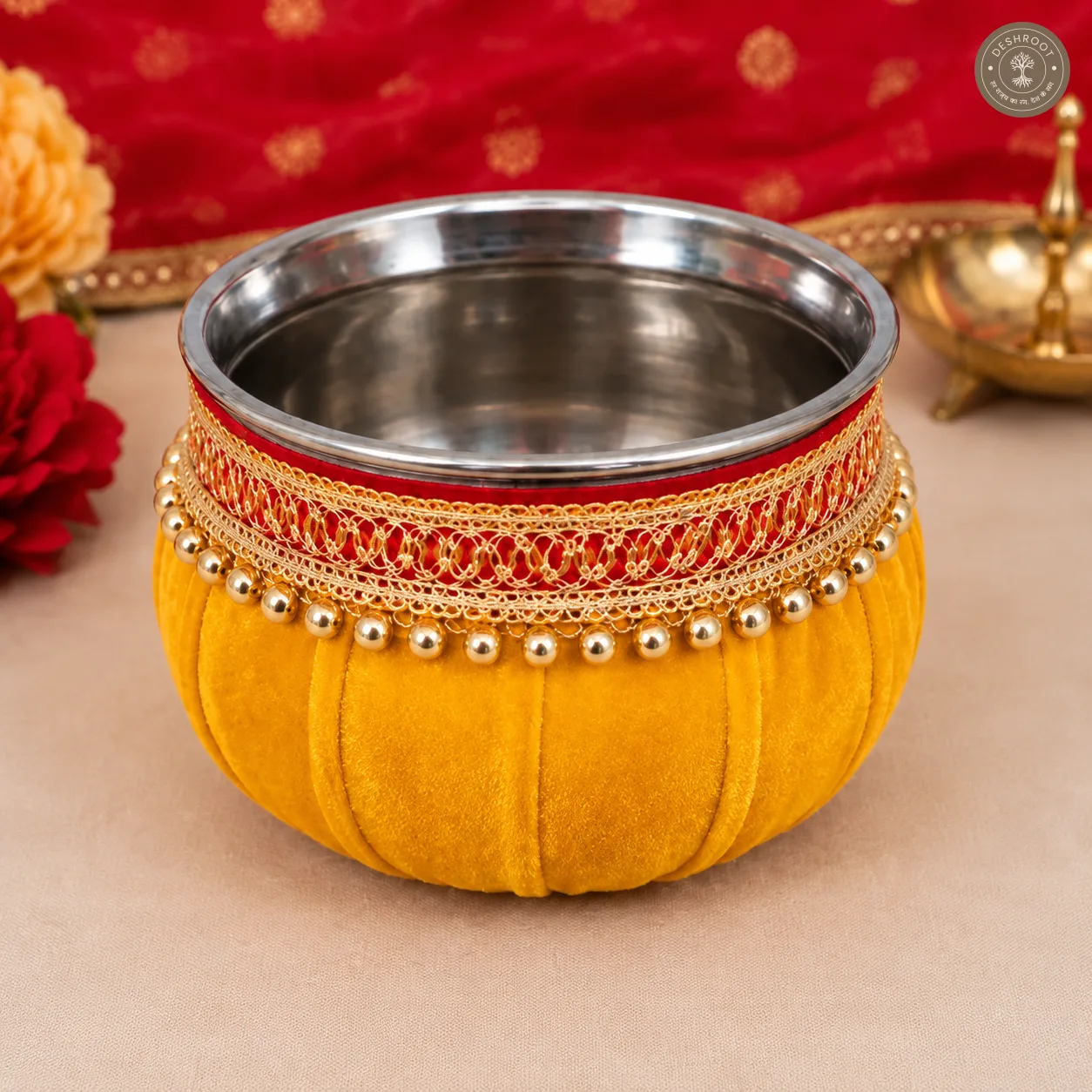 Karwa Chauth Thali Set – Red & Yellow Velvet-Finish Pooja Thali with Decorated Karwa, Lotus Diya, Golden Lace & Beadwork for Karwa Chauth Rituals