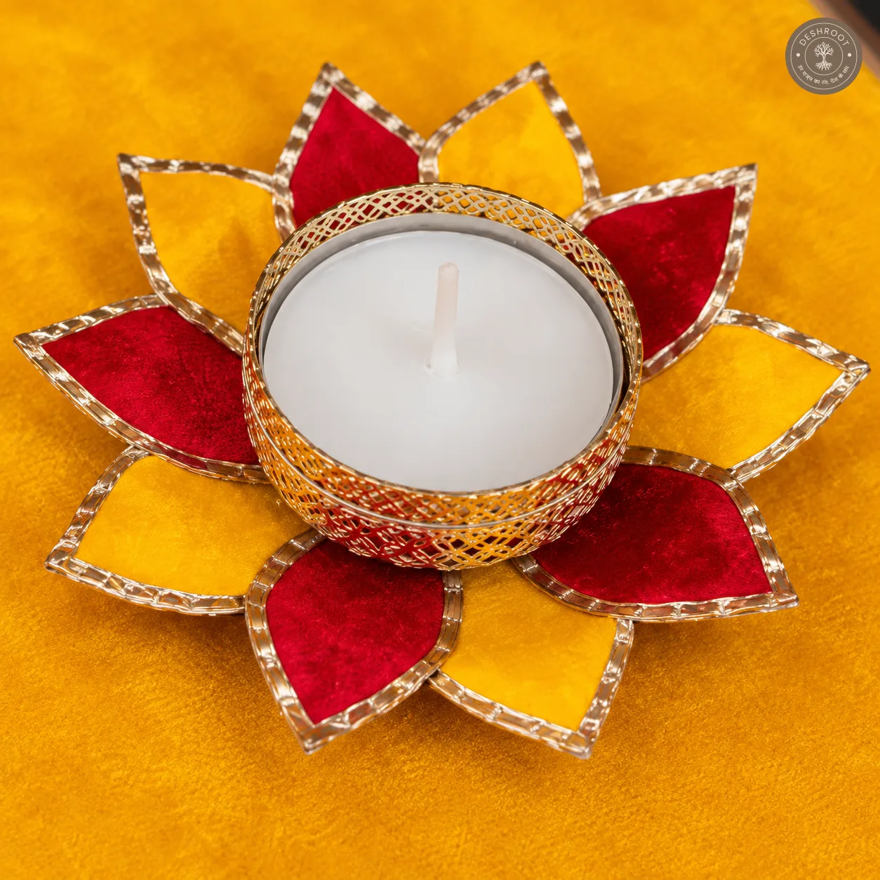 Karwa Chauth Thali Set – Red & Yellow Velvet-Finish Pooja Thali with Decorated Karwa, Lotus Diya, Golden Lace & Beadwork for Karwa Chauth Rituals