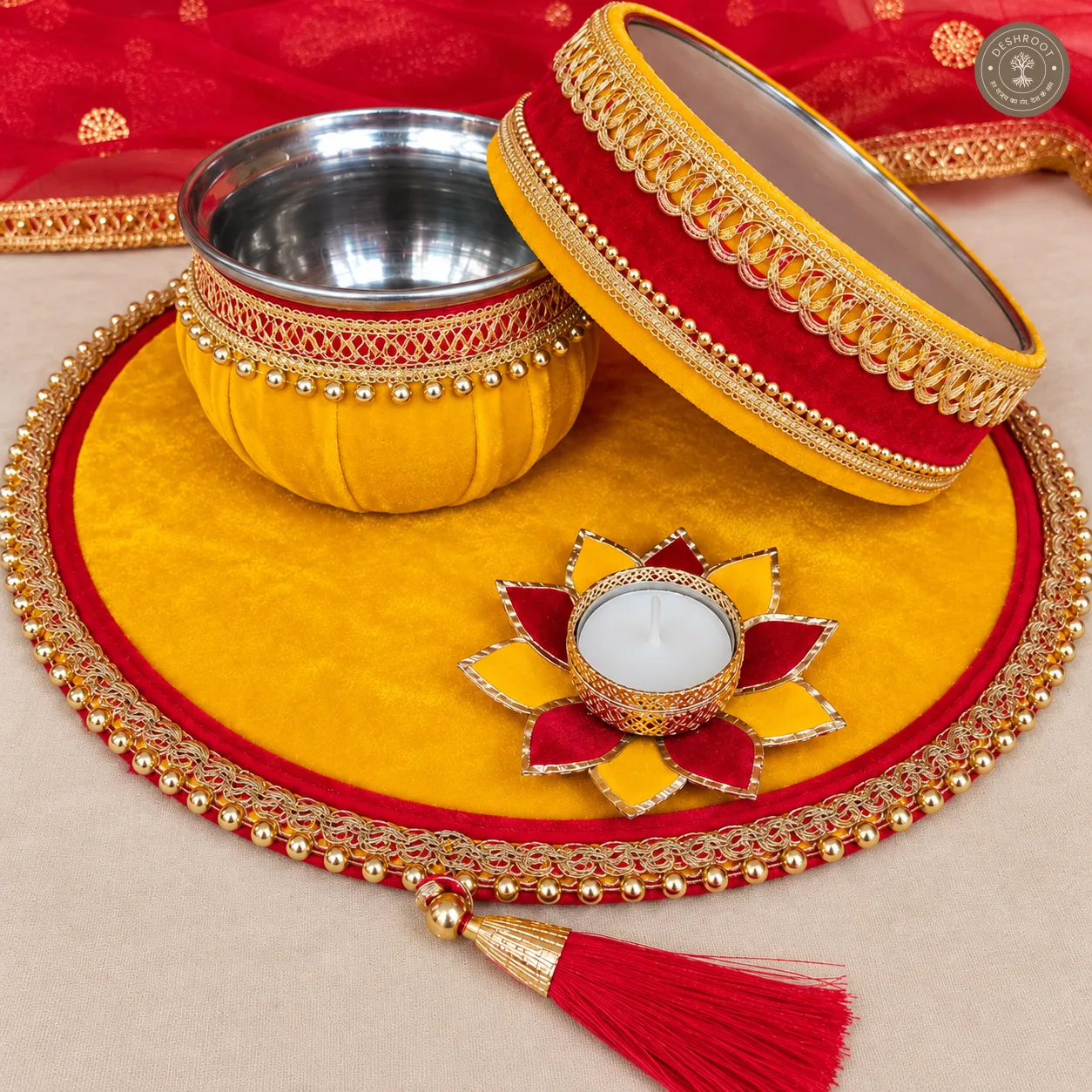 Karwa Chauth Thali Set – Red & Yellow Velvet-Finish Pooja Thali with Decorated Karwa, Lotus Diya, Golden Lace & Beadwork for Karwa Chauth Rituals