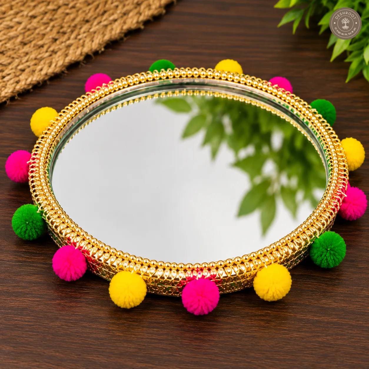 Designer Karwa Chauth Thali Set – Green & Gold Mirror-Finish Pooja Thali with Embellished Chalni, Karwa Container & Bowl for Karwa Chauth Rituals & Gifting