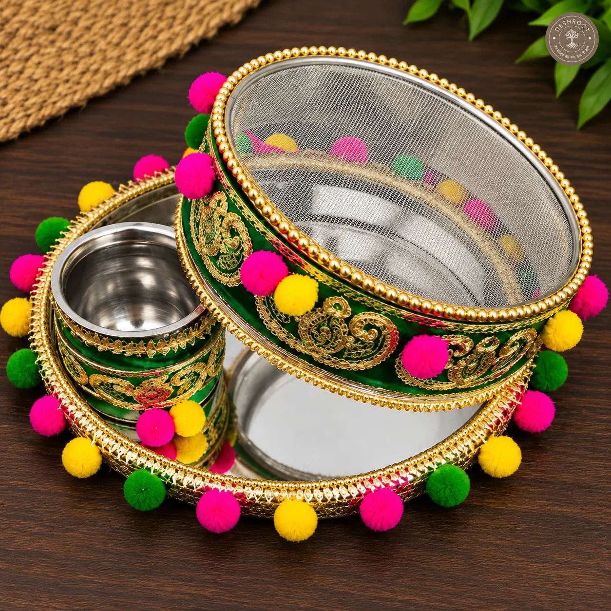 Designer Karwa Chauth Thali Set – Green & Gold Mirror-Finish Pooja Thali with Embellished Chalni, Karwa Container & Bowl for Karwa Chauth Rituals & Gifting