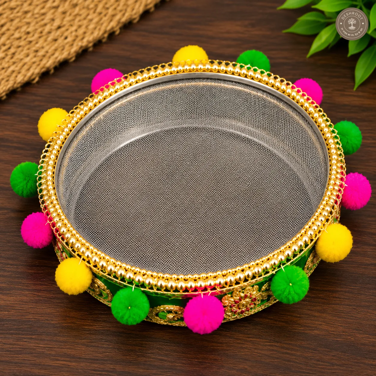 Designer Karwa Chauth Thali Set – Green & Gold Mirror-Finish Pooja Thali with Embellished Chalni, Karwa Container & Bowl for Karwa Chauth Rituals & Gifting