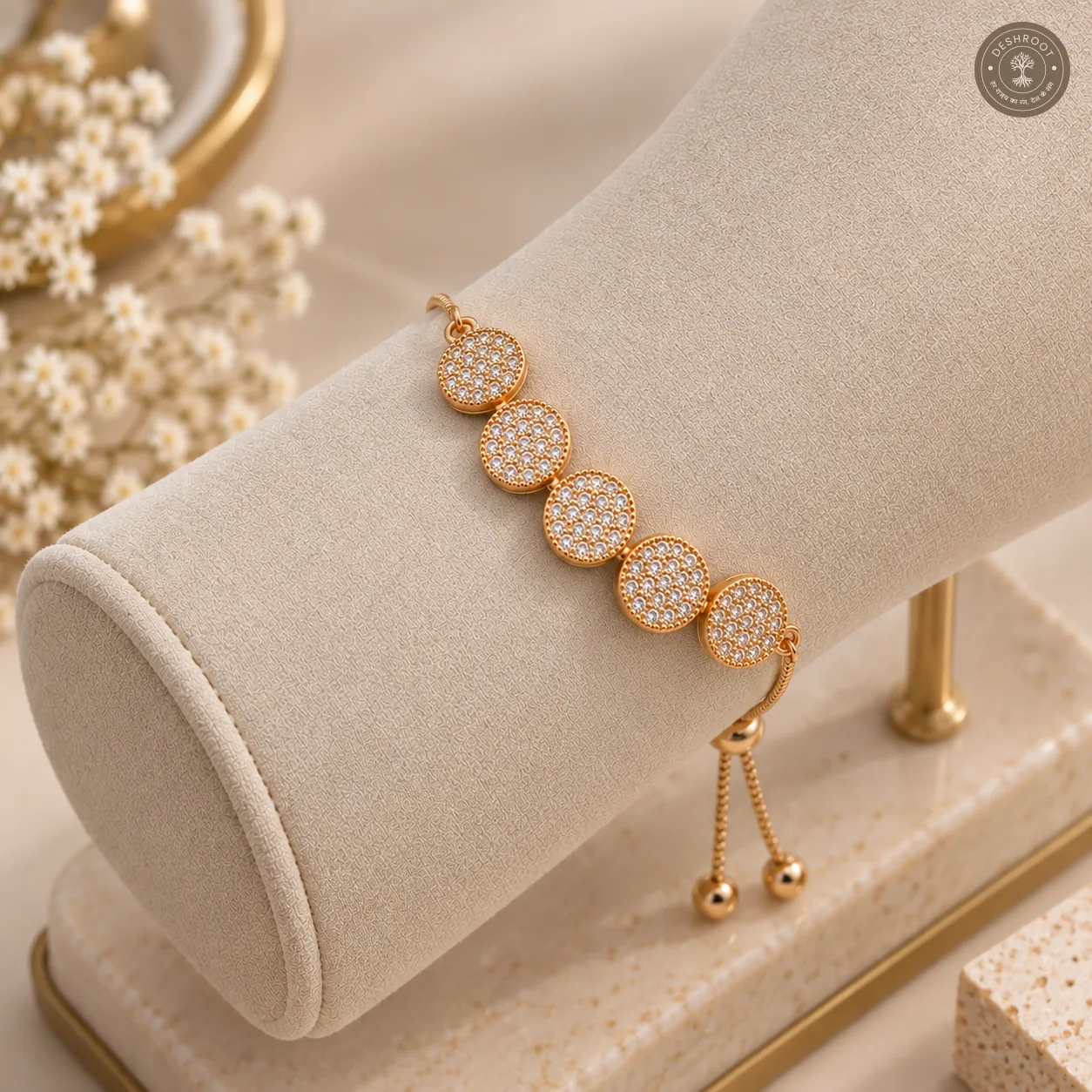 Rose Gold Polish Adjustable Designer Bracelet with Crystal Round Charms for Women