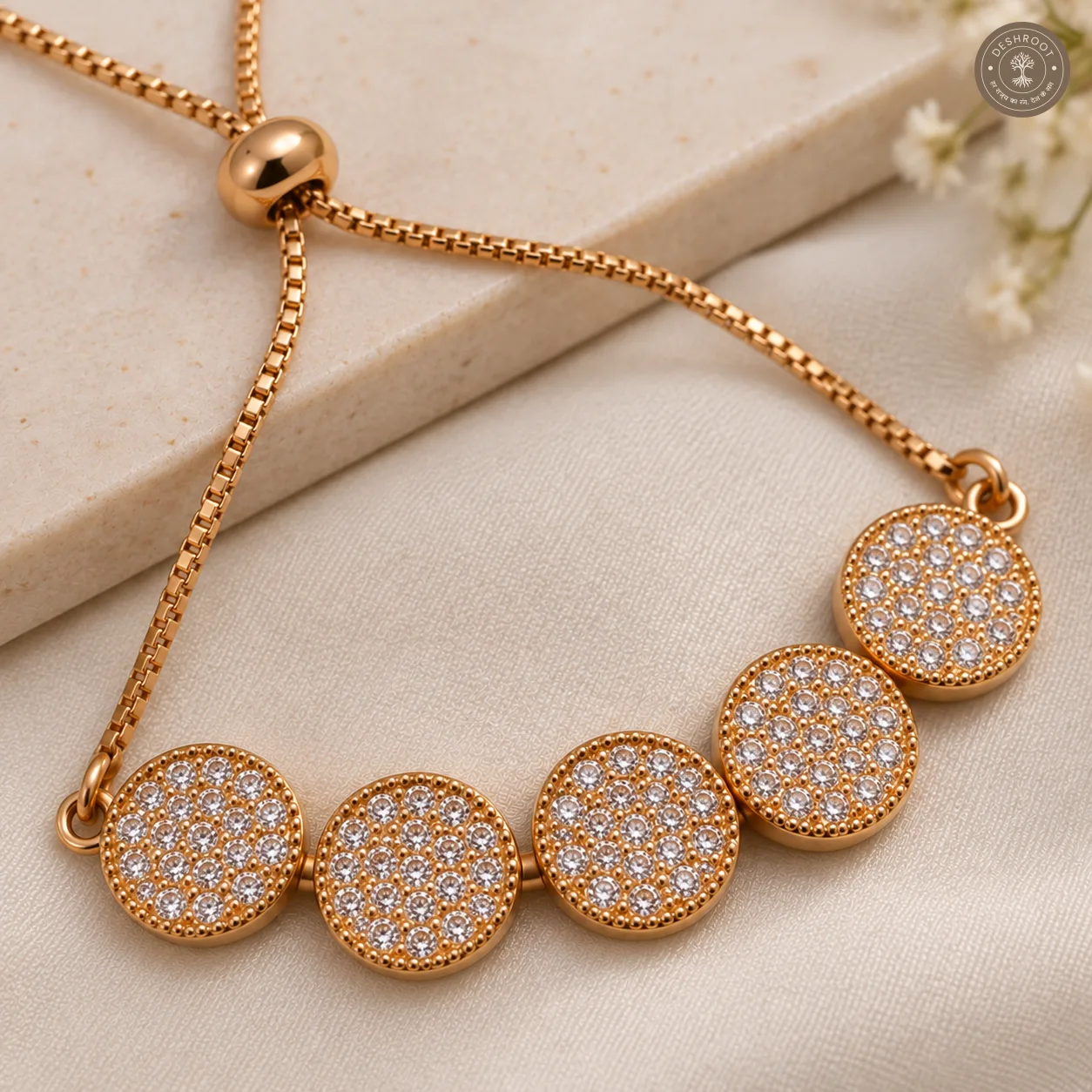 Rose Gold Polish Adjustable Designer Bracelet with Crystal Round Charms for Women