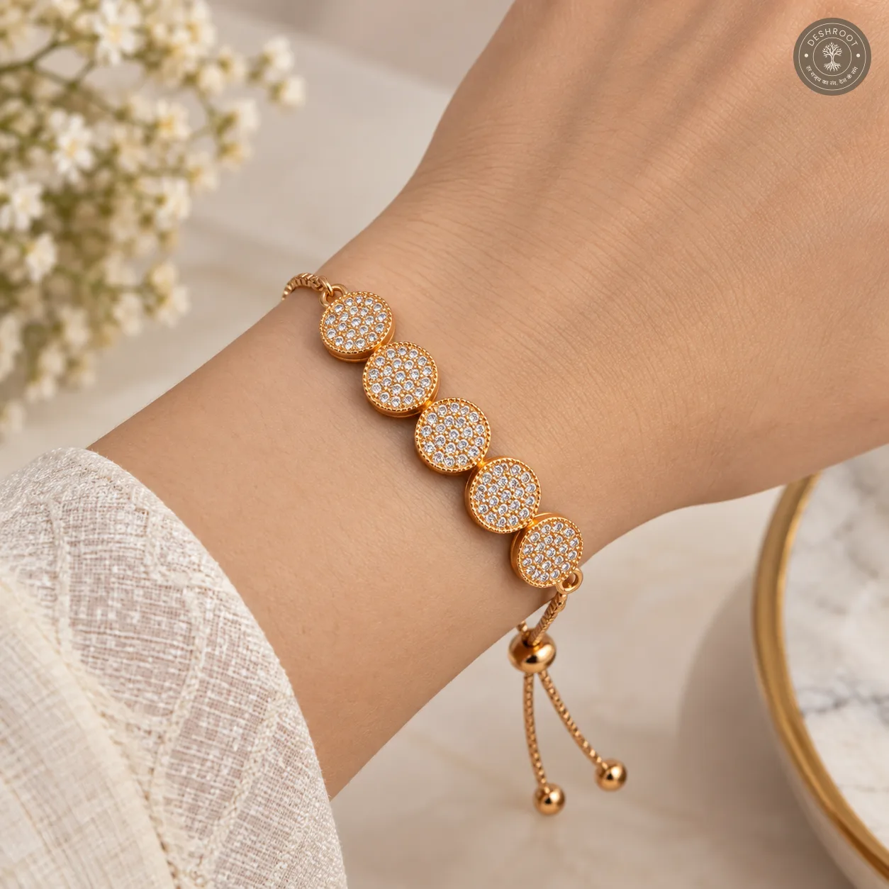 Rose Gold Polish Adjustable Designer Bracelet with Crystal Round Charms for Women