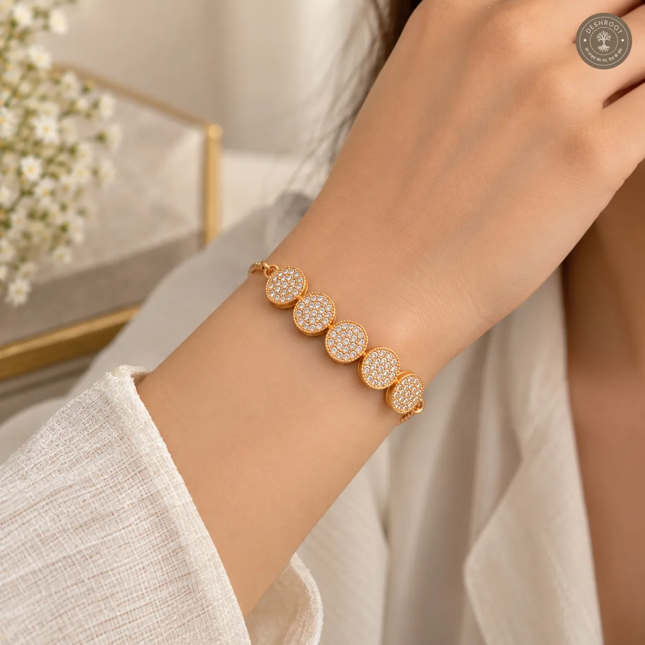 Rose Gold Polish Adjustable Designer Bracelet with Crystal Round Charms for Women