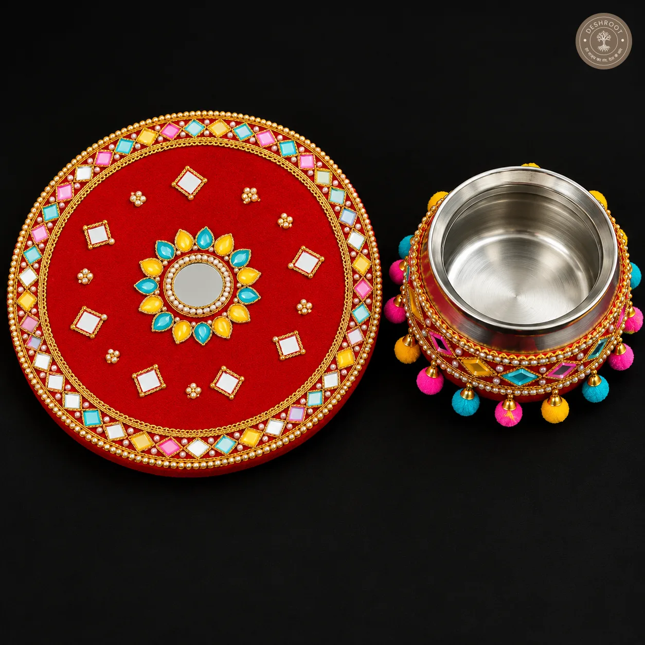 Handcrafted Designer Karwa Chauth Pooja Thali & Kalash Set – Red Velvet Mirror Work Thali with Pearl Lace & Pom-Pom Tassels for Karwa Chauth, Teej & Festive Gifting
