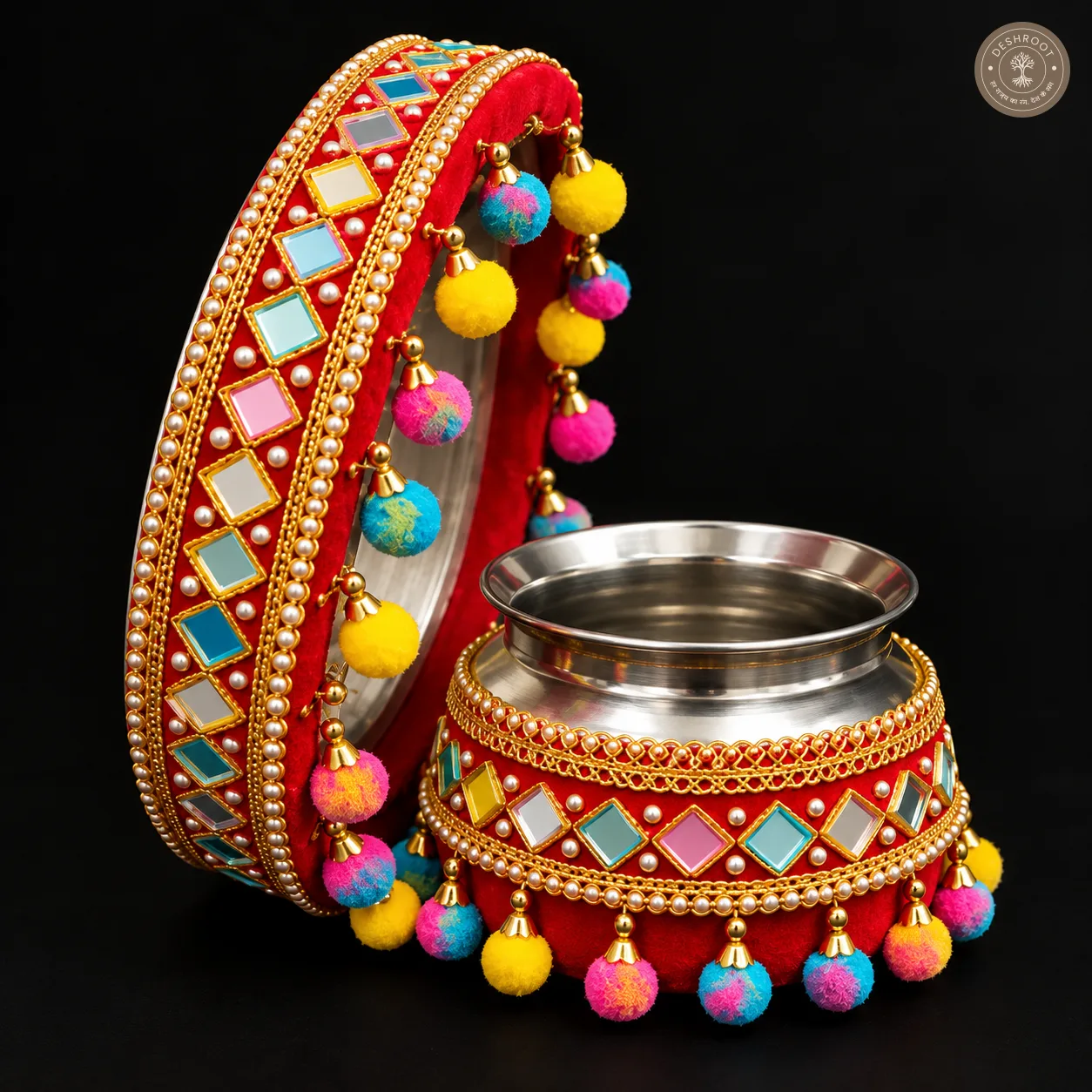 Handcrafted Designer Karwa Chauth Pooja Thali & Kalash Set – Red Velvet Mirror Work Thali with Pearl Lace & Pom-Pom Tassels for Karwa Chauth, Teej & Festive Gifting