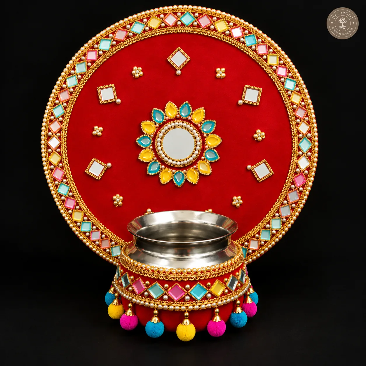 Handcrafted Designer Karwa Chauth Pooja Thali & Kalash Set – Red Velvet Mirror Work Thali with Pearl Lace & Pom-Pom Tassels for Karwa Chauth, Teej & Festive Gifting