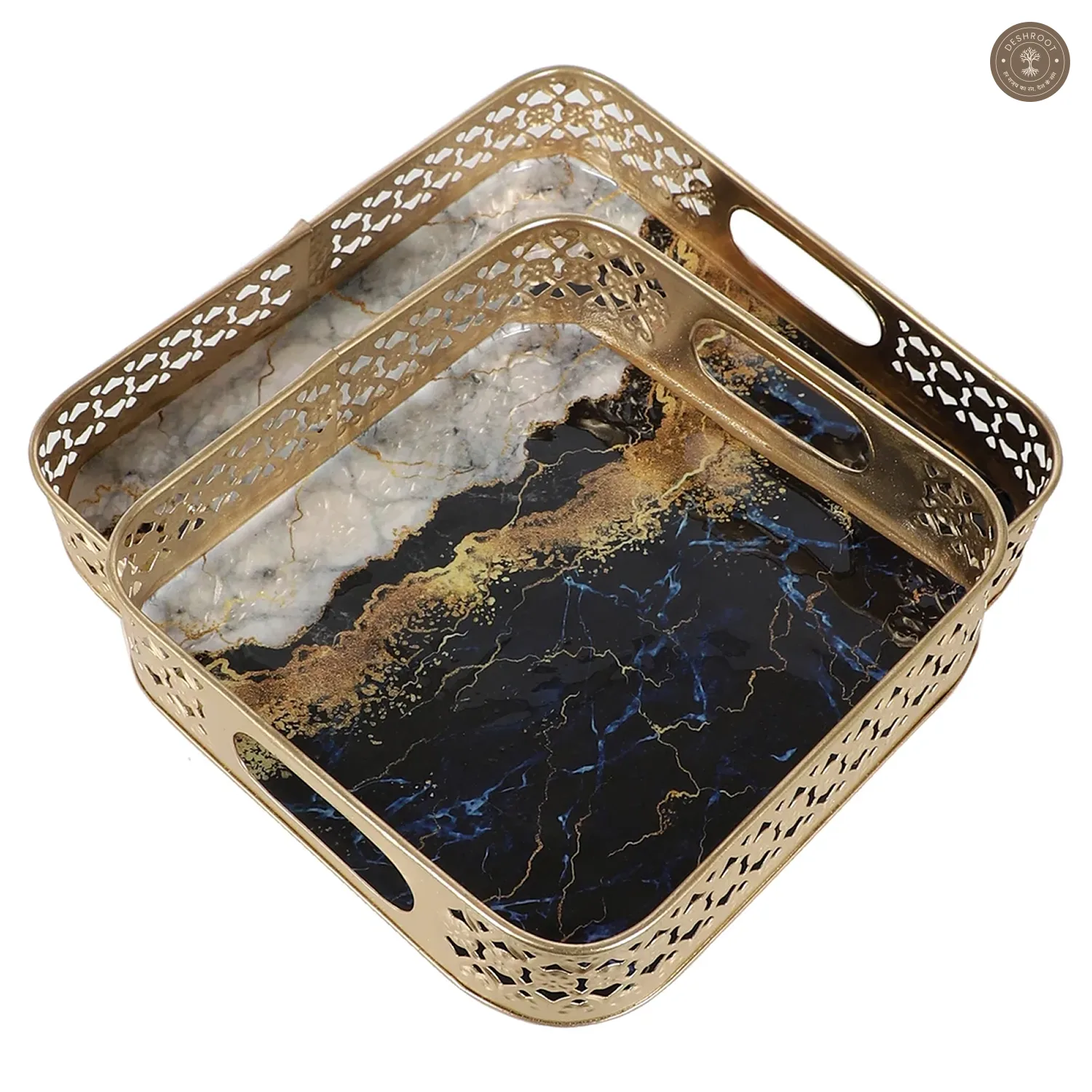 Square Blue & White Tray Set of 2