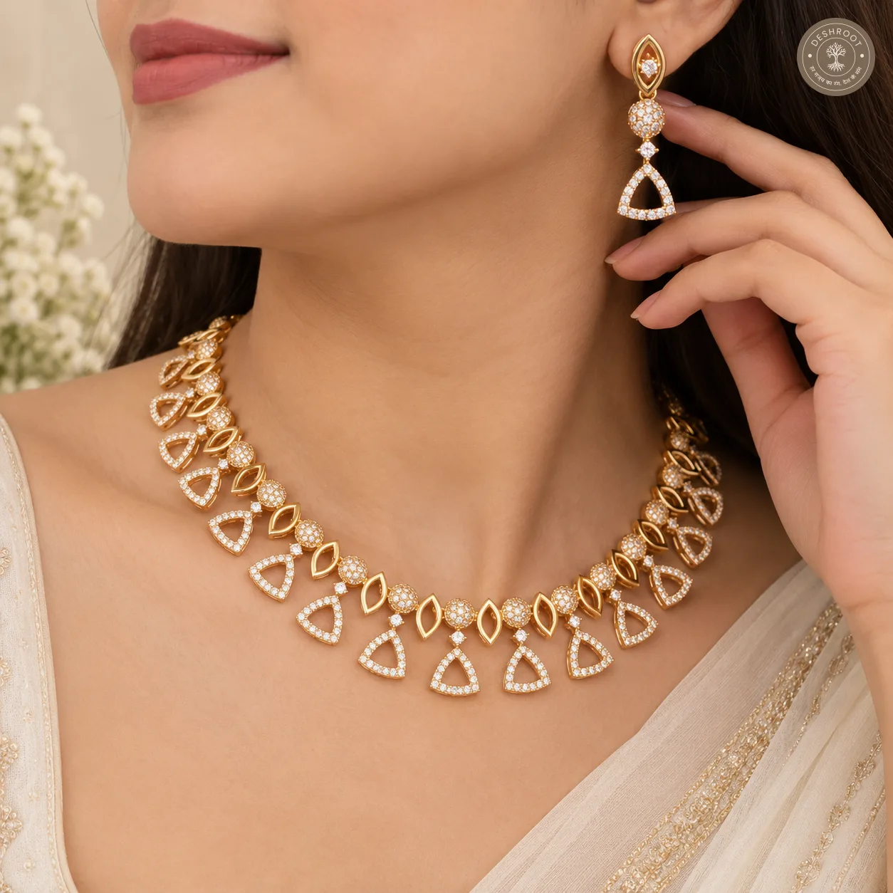 AD Stone Gold-Tone Necklace Set with Matching Earrings