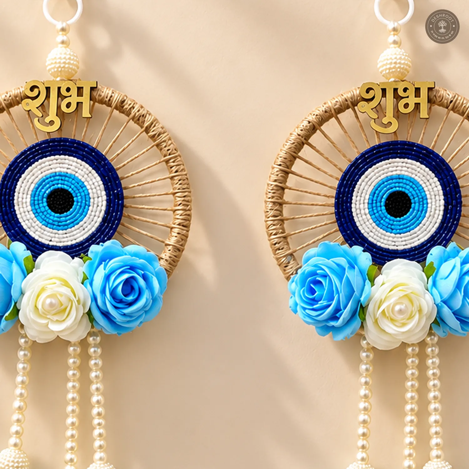 Blue and white evil eye wall hanging