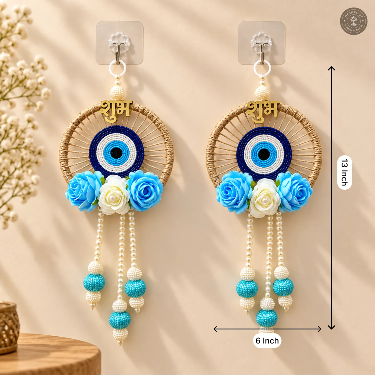 Blue and white evil eye wall hanging