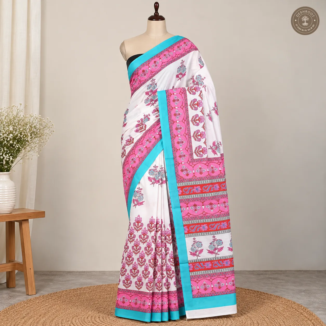 Gulabi Neel Hand Block Printed Mal Cotton Saree with Blouse Fabric