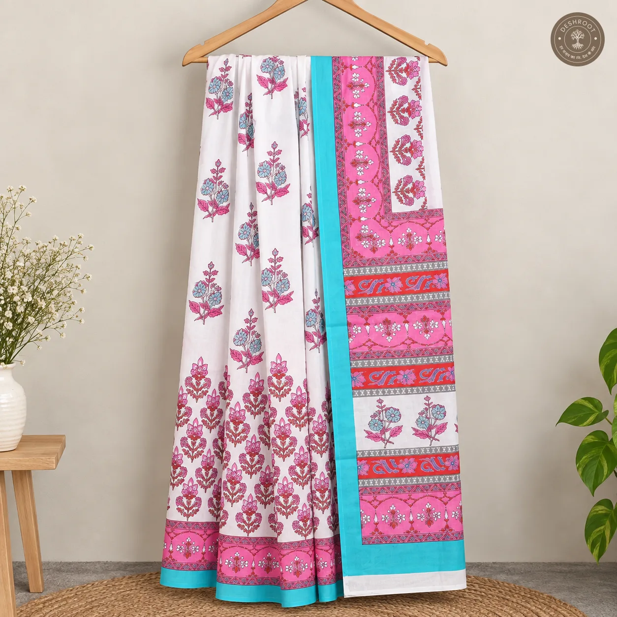 Gulabi Neel Hand Block Printed Mal Cotton Saree with Blouse Fabric