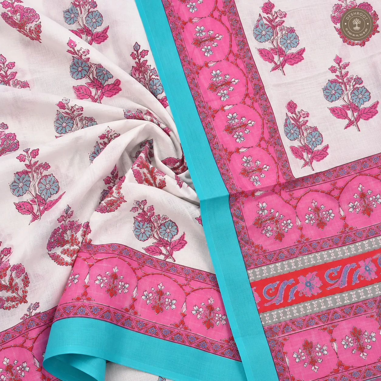 Gulabi Neel Hand Block Printed Mal Cotton Saree with Blouse Fabric