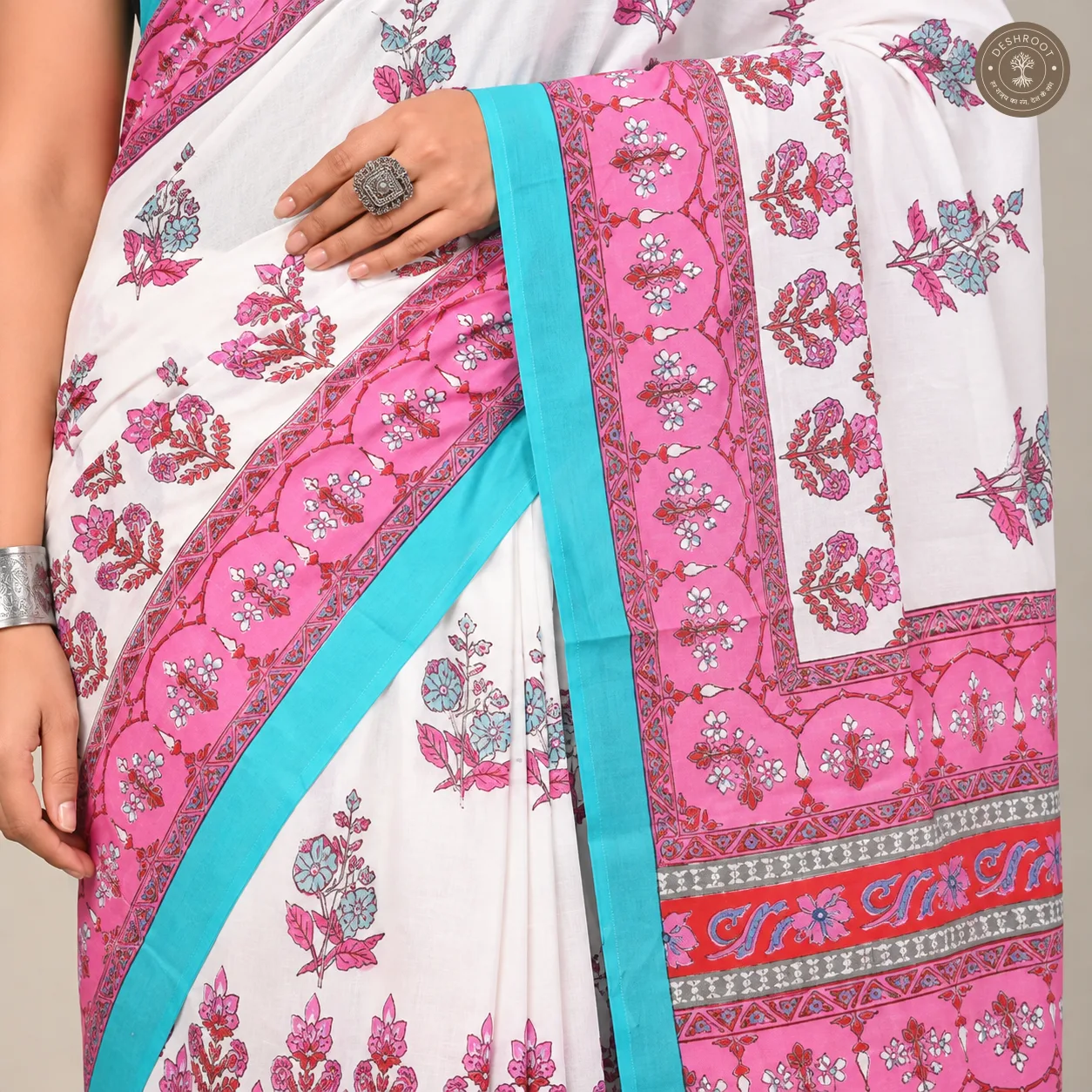 Gulabi Neel Hand Block Printed Mal Cotton Saree with Blouse Fabric