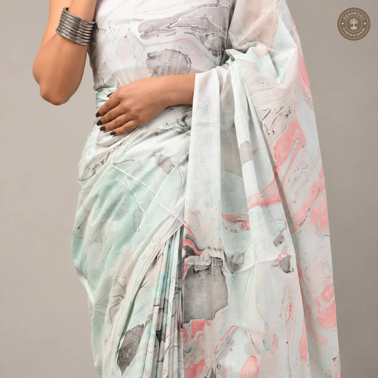 Pastel Marble Hand Block Printed Mal Cotton Saree with Blouse