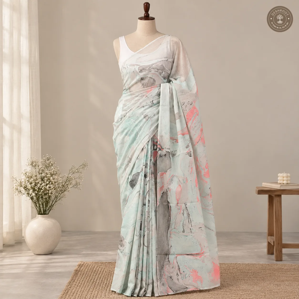 Pastel Marble Hand Block Printed Mal Cotton Saree with Blouse