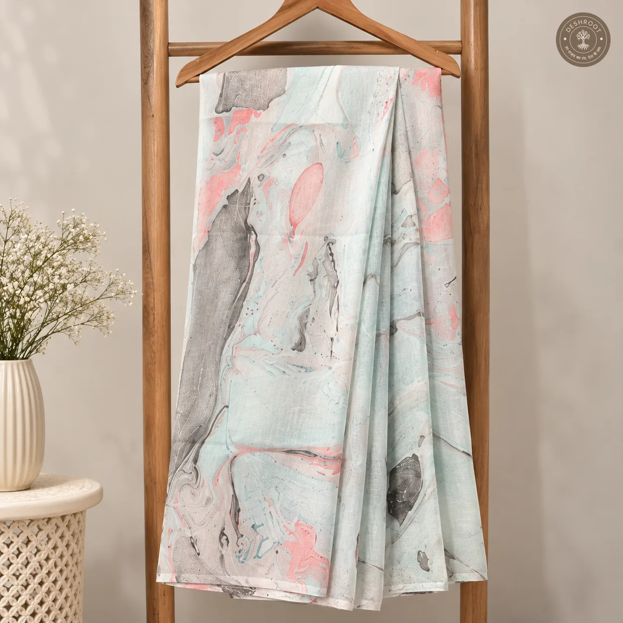 Pastel Marble Hand Block Printed Mal Cotton Saree with Blouse