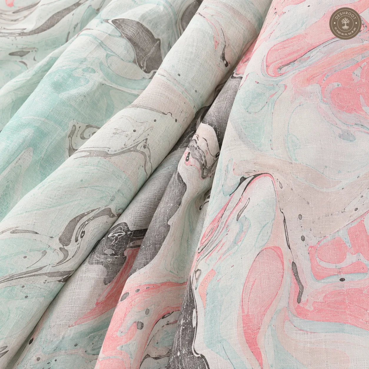 Pastel Marble Hand Block Printed Mal Cotton Saree with Blouse