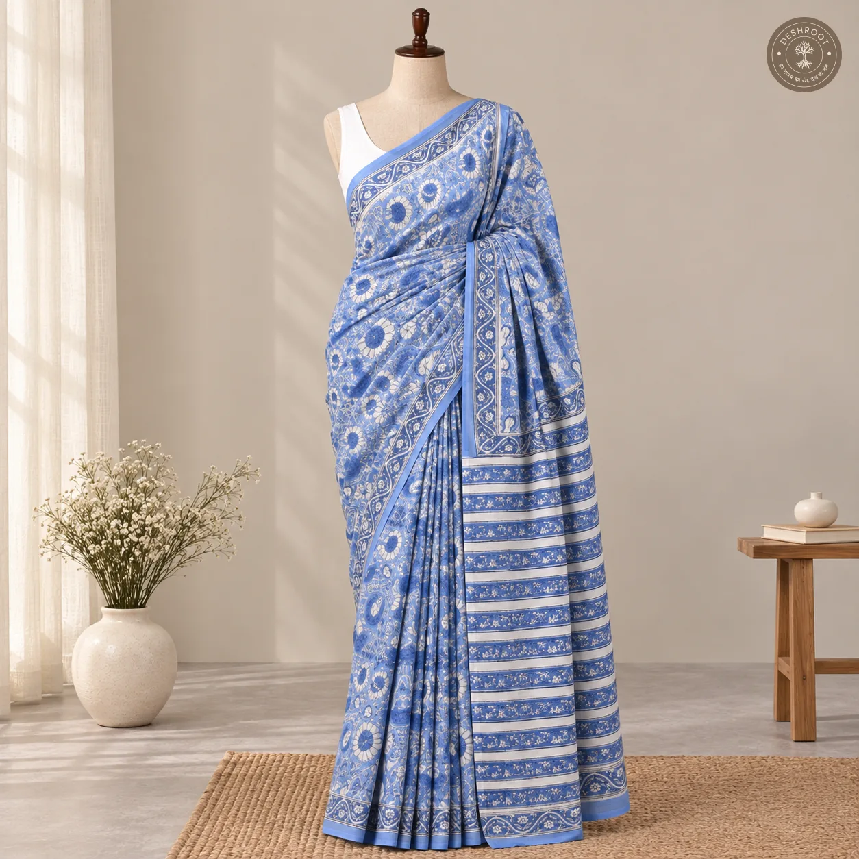 Neelika Hand Block Printed Mal Cotton Saree with Blouse Fabric
