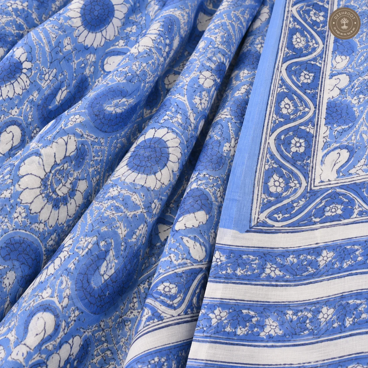 Neelika Hand Block Printed Mal Cotton Saree with Blouse Fabric